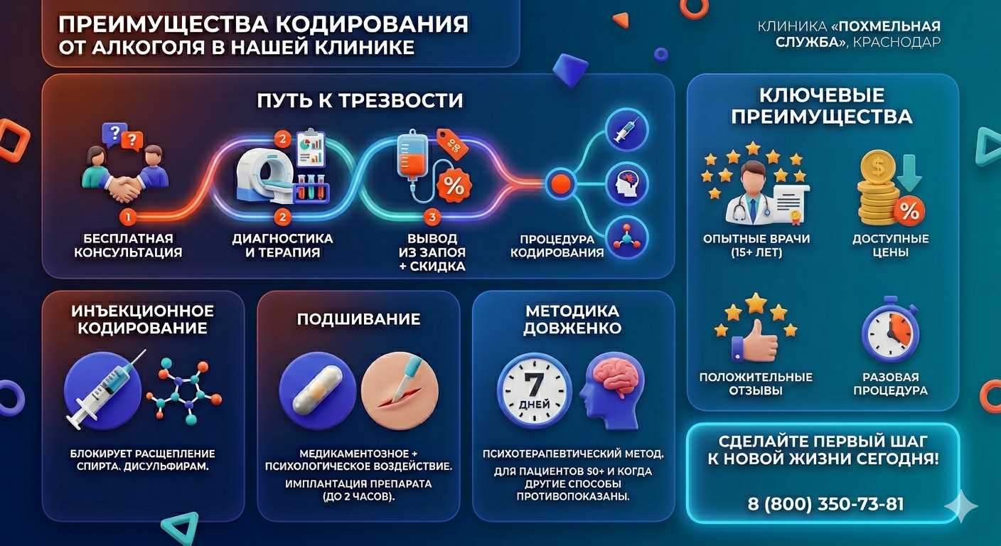 Инфографика о методах кодирования от алкоголя в Армавире: инъекции, подшивание, метод Довженко. Преимущества клиники и этапы лечения.