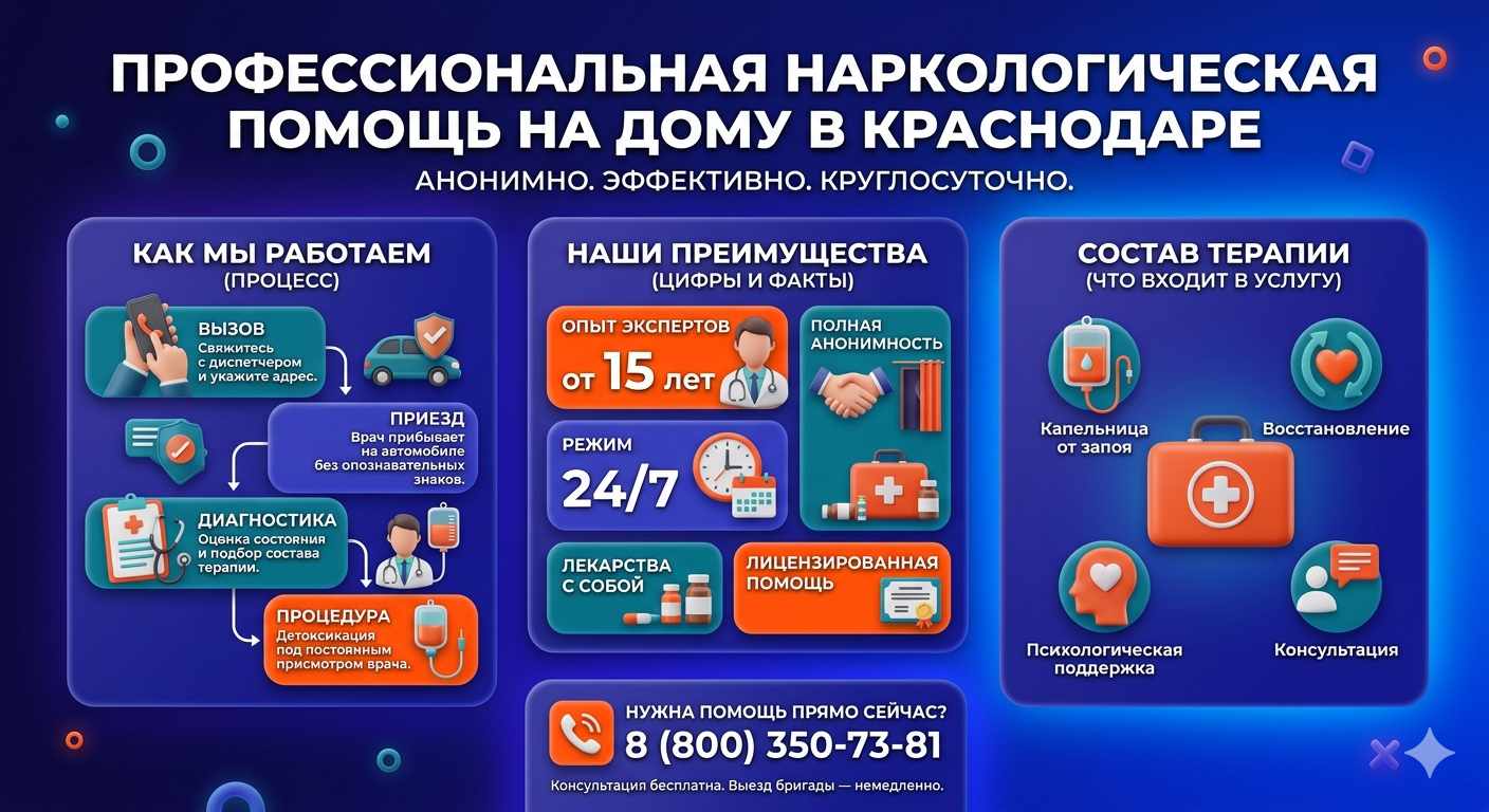 Инфографика о принципах лечения алкоголизма на дому в Армавире: этапы вызова нарколога, преимущества анонимной детоксикации и состав медицинской помощи.